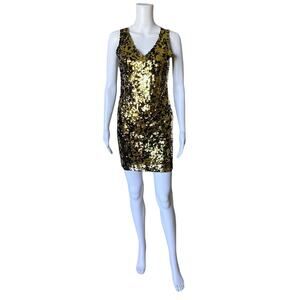 Impulsive Bodycon Dress Womens S Gold Black Sequined Sleeveless V-Neck Sheath